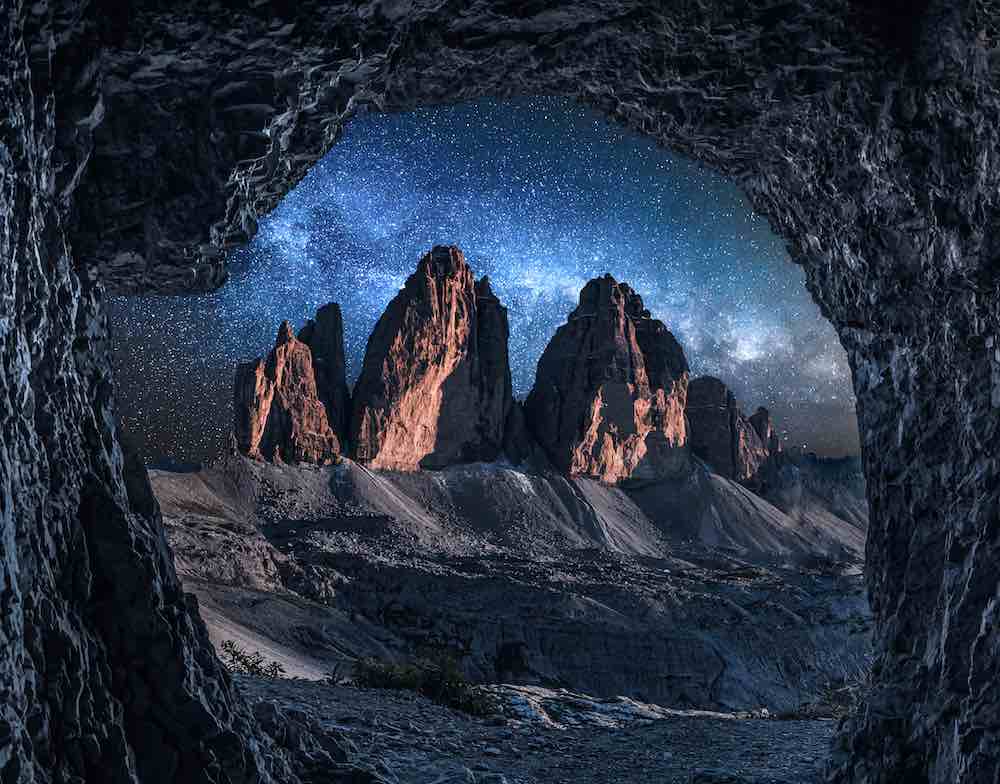 View of the Dolomites from inside of a cave.